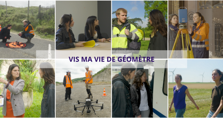 Mosaïque de présentation de 8 profils de géomètres pour le reportage "vis ma vie de géomètre"